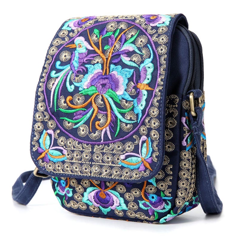 SILKAREA Embroidered Small Canvas Crossbody Bag for Women - Handmade Mini Shoulder Bag Wallet Pouch (Blue) - Image 2